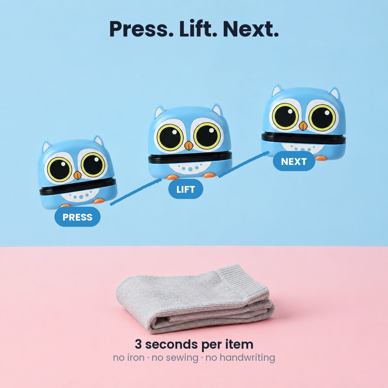 Press, lift, next — three seconds per item