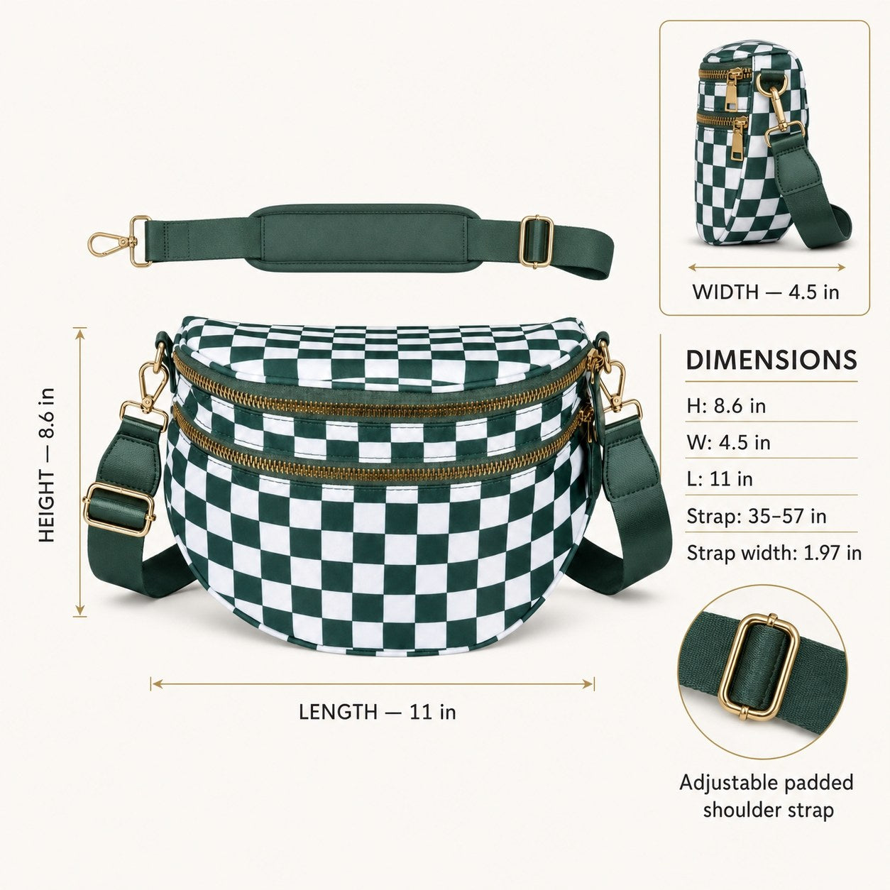 Measured dimensions: 11 by 4.5 by 8.6 inches, strap 35 to 57 inches