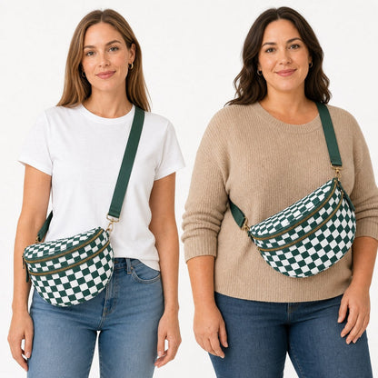 The adjustable padded strap worn by two different body types