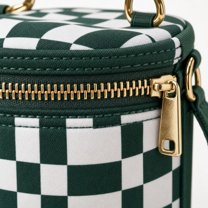 Close-up of the metal zipper and reinforced stitching