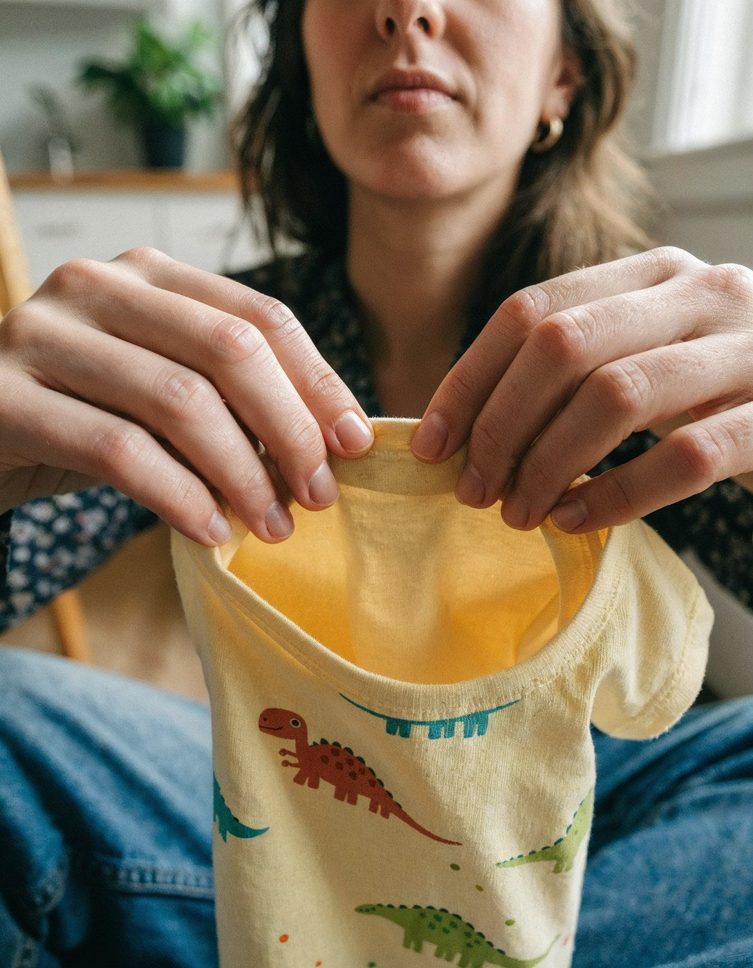 The inside collar of a toddler t-shirt, with no sewn label