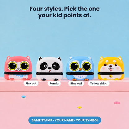 Four styles: pink cat, panda, blue owl, yellow shiba