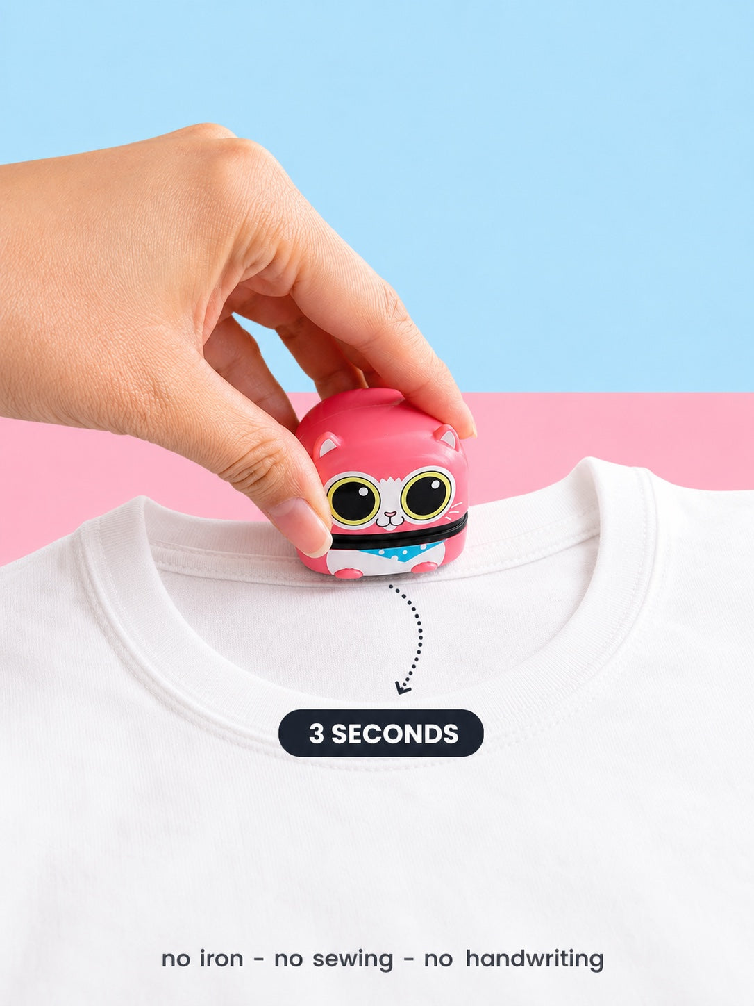 Pressing the stamp onto a t-shirt — three seconds