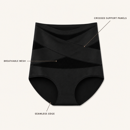 Crossed support panels, breathable mesh, seamless edge