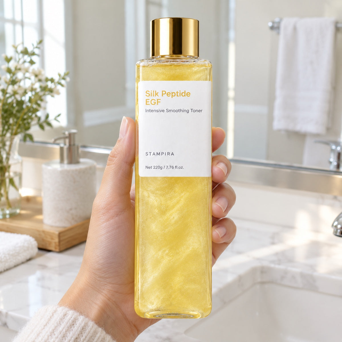 Full-size 220 g bottle held in hand