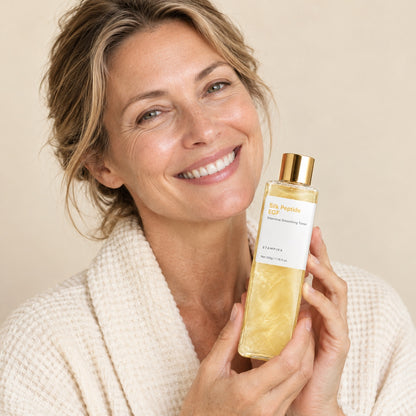 Woman holding the Stampira Silk Peptide EGF toner