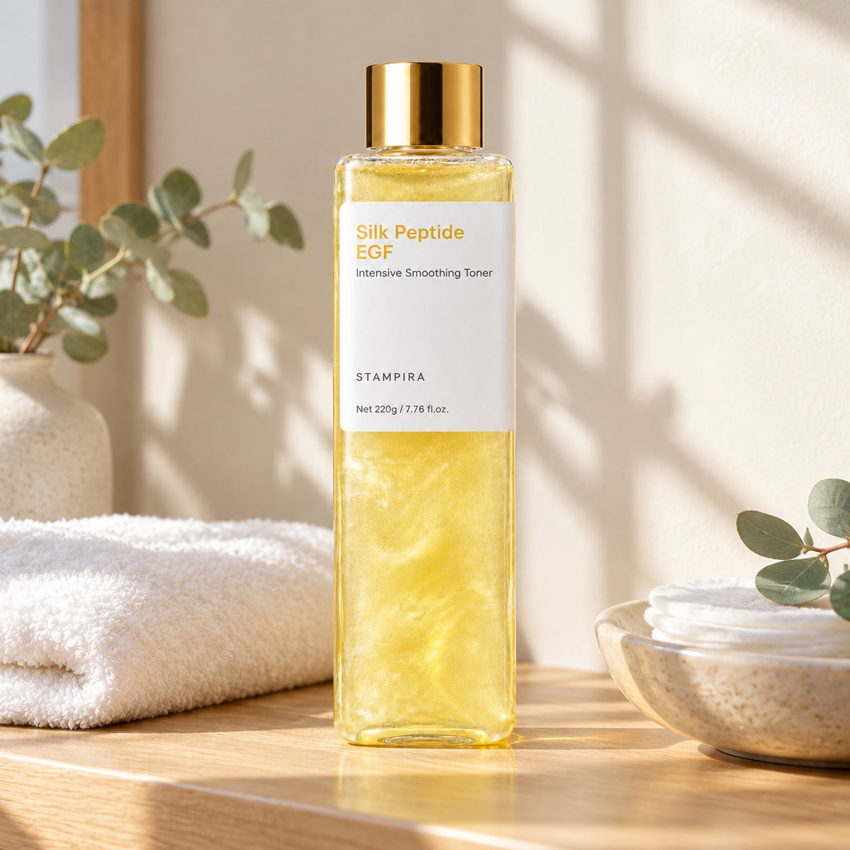 Stampira toner on a bathroom shelf